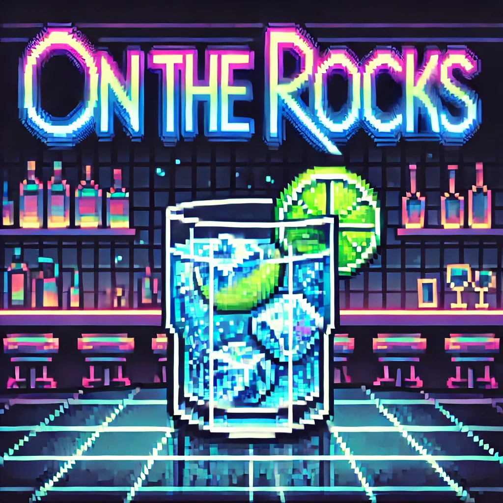 A pixel art of a gin and tonic cocktail inspired by cyberpunk aesthetics, with the name 'On the Rocks' displayed in neon text above the drink. The text is stylized in a futuristic, glowing font that complements the cyberpunk vibe, using neon blue and green hues. The cocktail is in a short glass with a lime garnish, set against a cozy, futuristic bar backdrop with ambient lighting and blurred neon lights in the background.